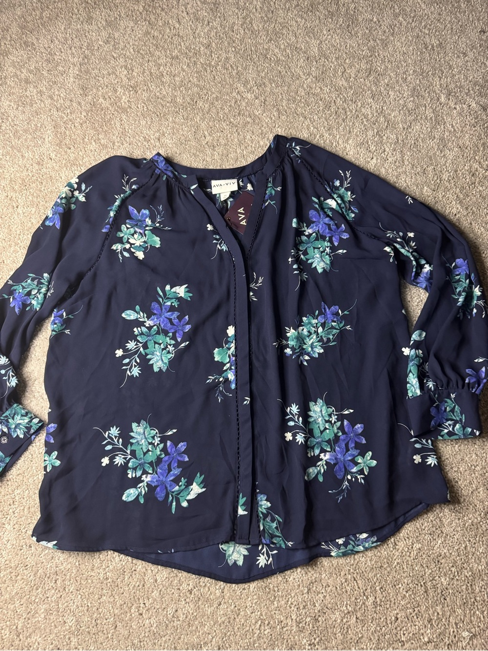 Ava & Viv Navy Blouse with Blue and Teal Floral Print